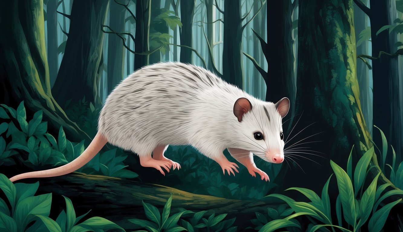 An opossum gracefully navigating through a dense forest, blending seamlessly into its surroundings, symbolizing adaptability