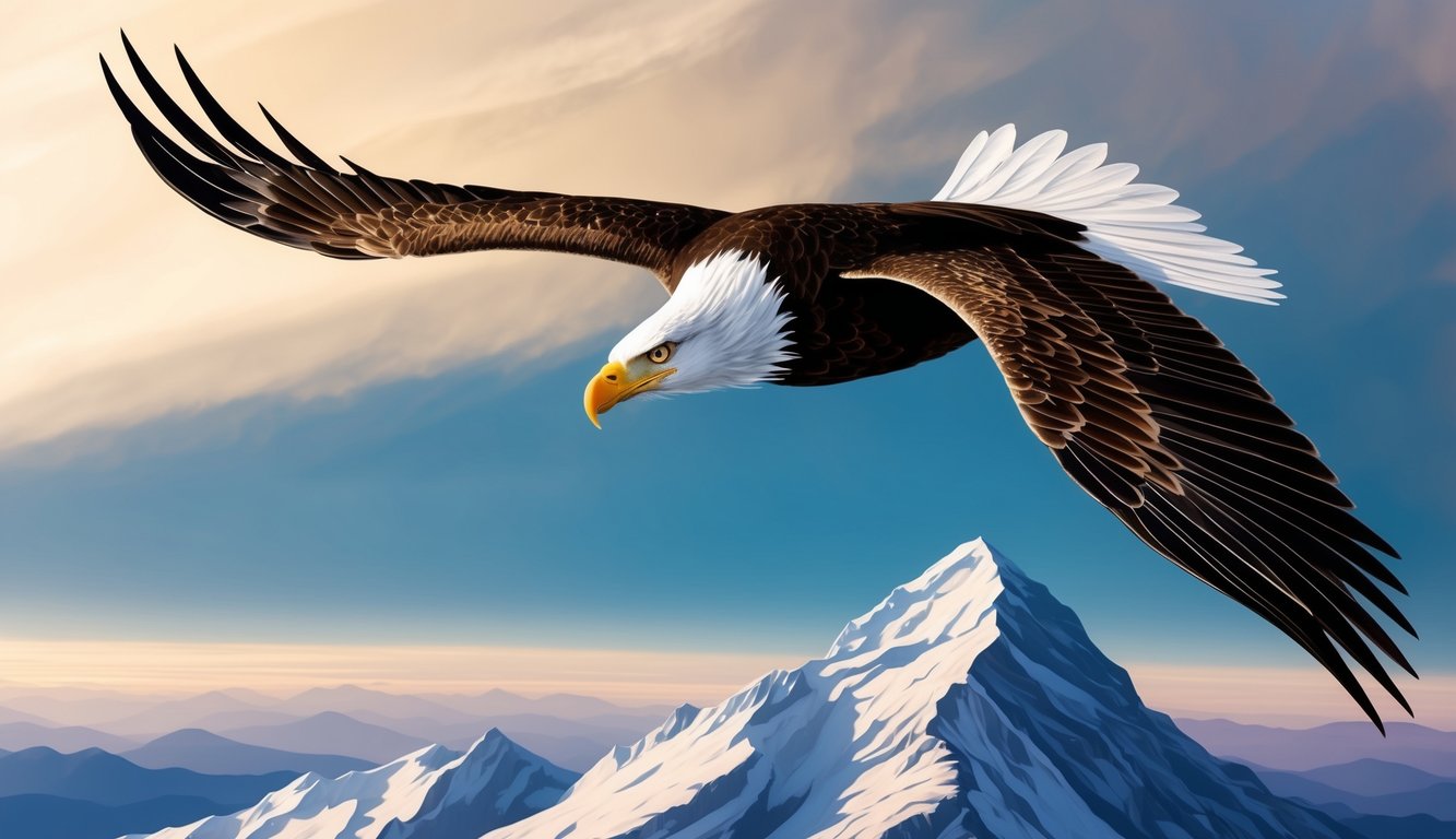 An eagle soaring high above a mountain peak, its sharp eyes focused on the horizon, symbolizing spiritual vision and unwavering focus