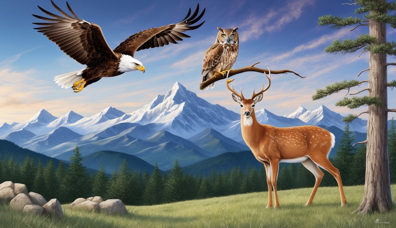 A majestic eagle soaring above a mountain range, a wise owl perched on a tree branch, and a graceful deer standing in a peaceful forest clearing