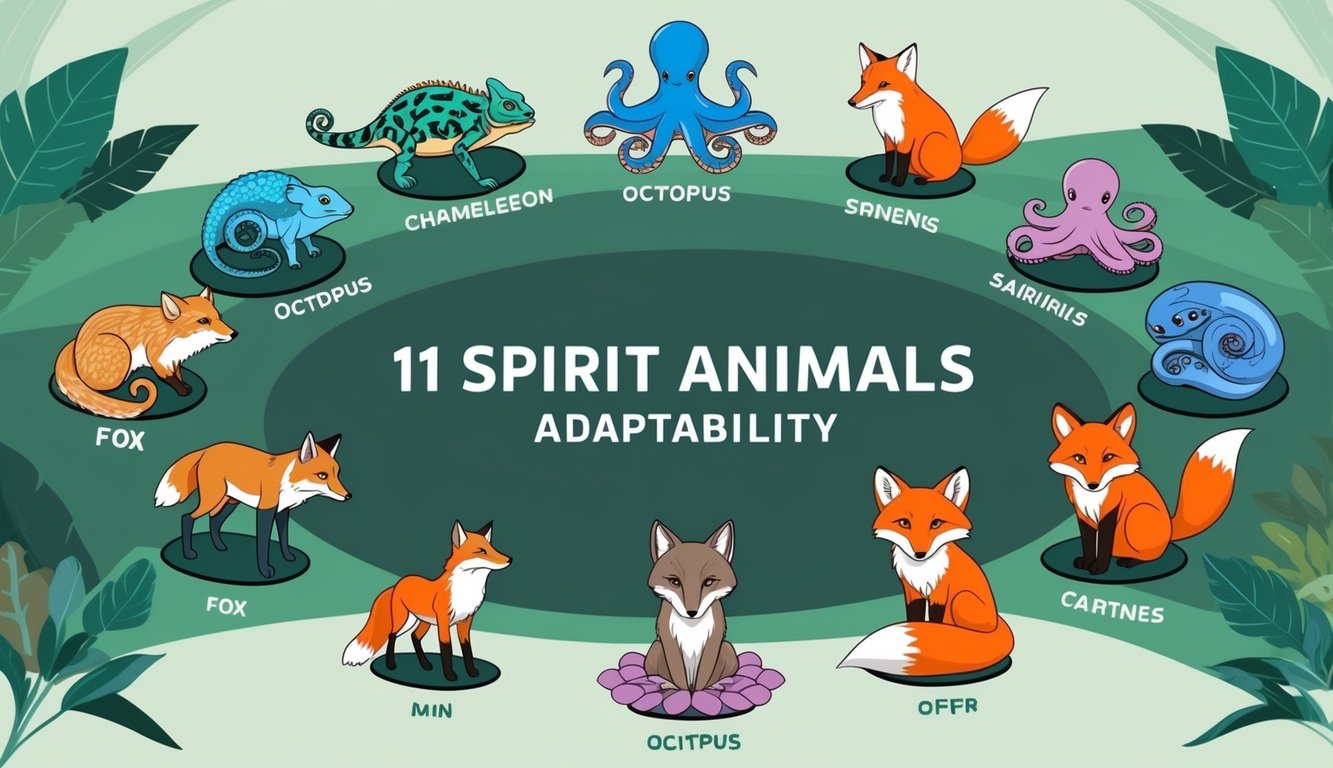 11 spirit animals in a circle, each representing adaptability.</p><p>A chameleon, octopus, fox, and others in a natural setting