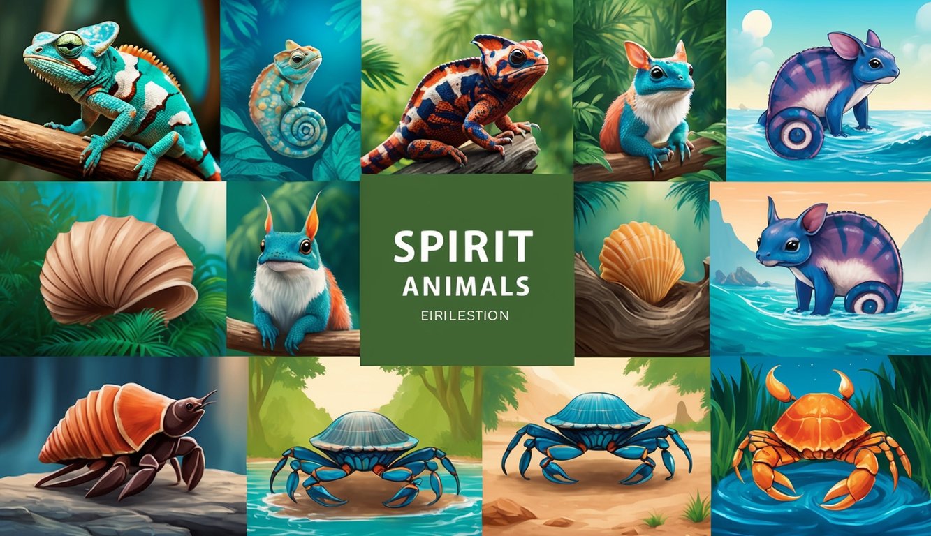 Eleven spirit animals in various environments, such as a chameleon blending into its surroundings and a hermit crab changing shells