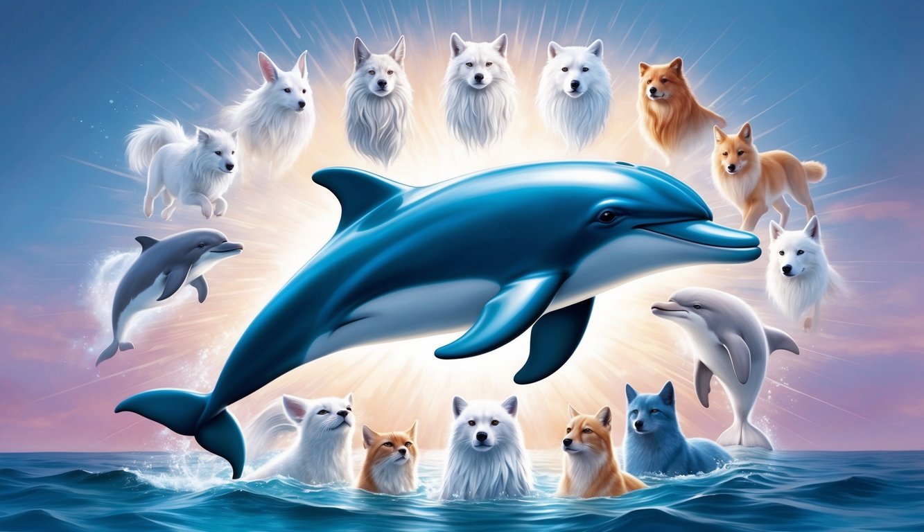 A dolphin swimming gracefully surrounded by 11 ethereal spirit animals, radiating a sense of peace and protection