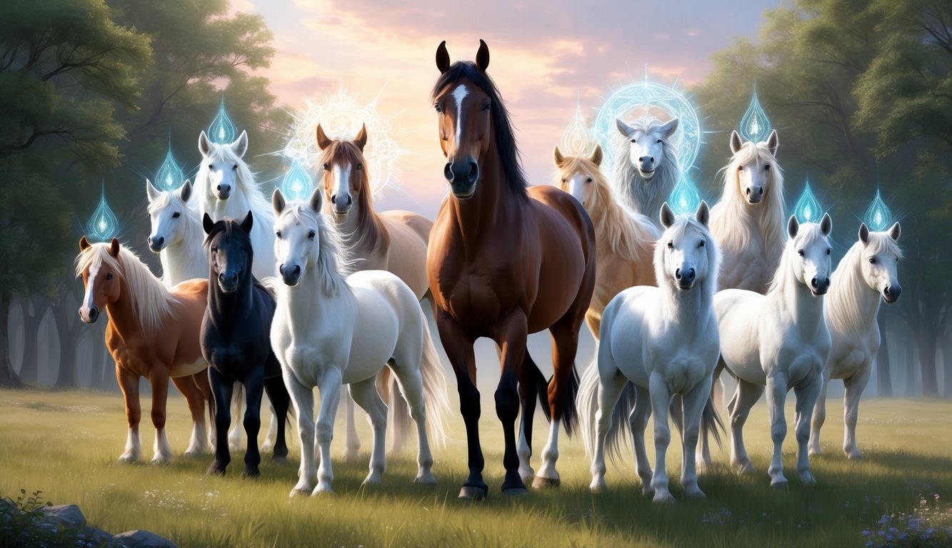 A majestic horse surrounded by 11 ethereal spirit animals, each radiating a sense of protection and strength, standing together in a tranquil meadow