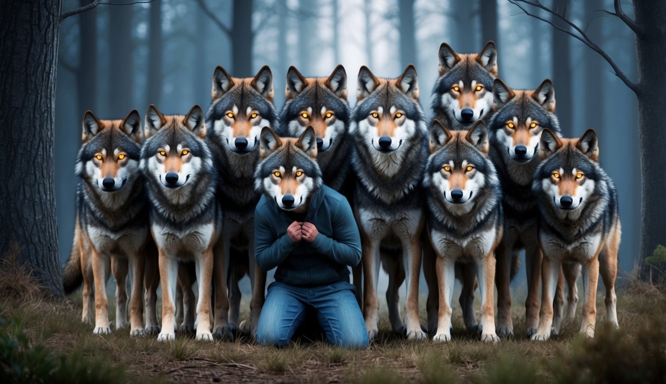 A pack of 11 wolves standing together, their eyes glowing with determination and strength, surrounding and protecting a person from unseen fears