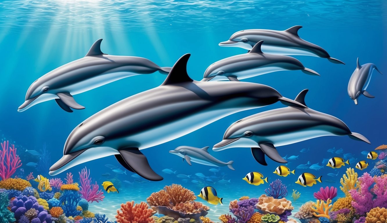 A pod of dolphins gracefully swimming in a serene, crystal-clear ocean, surrounded by colorful coral and vibrant marine life