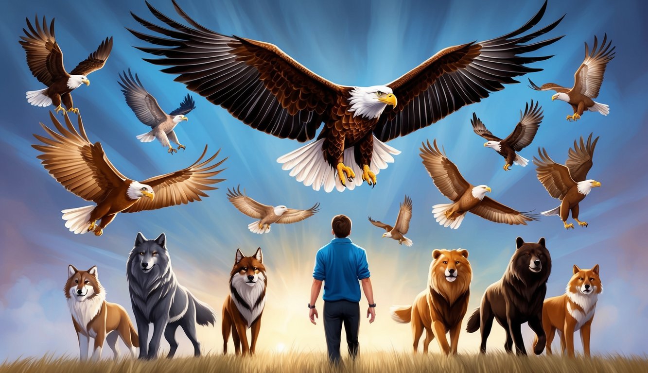 A majestic eagle soars high above a person, surrounded by 10 other spirit animals, each radiating strength and courage