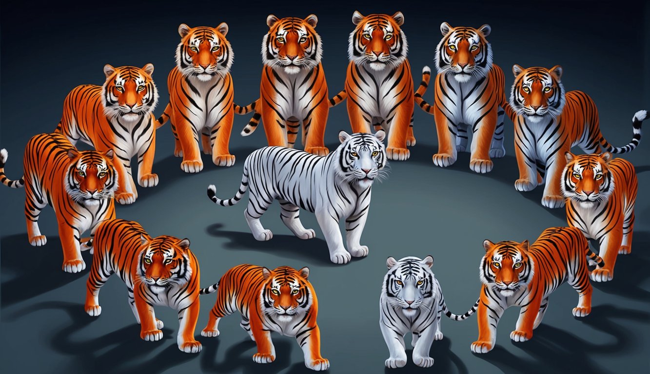 Eleven tigers standing in a circle, each emanating a different aura of strength and courage, their eyes glowing with determination