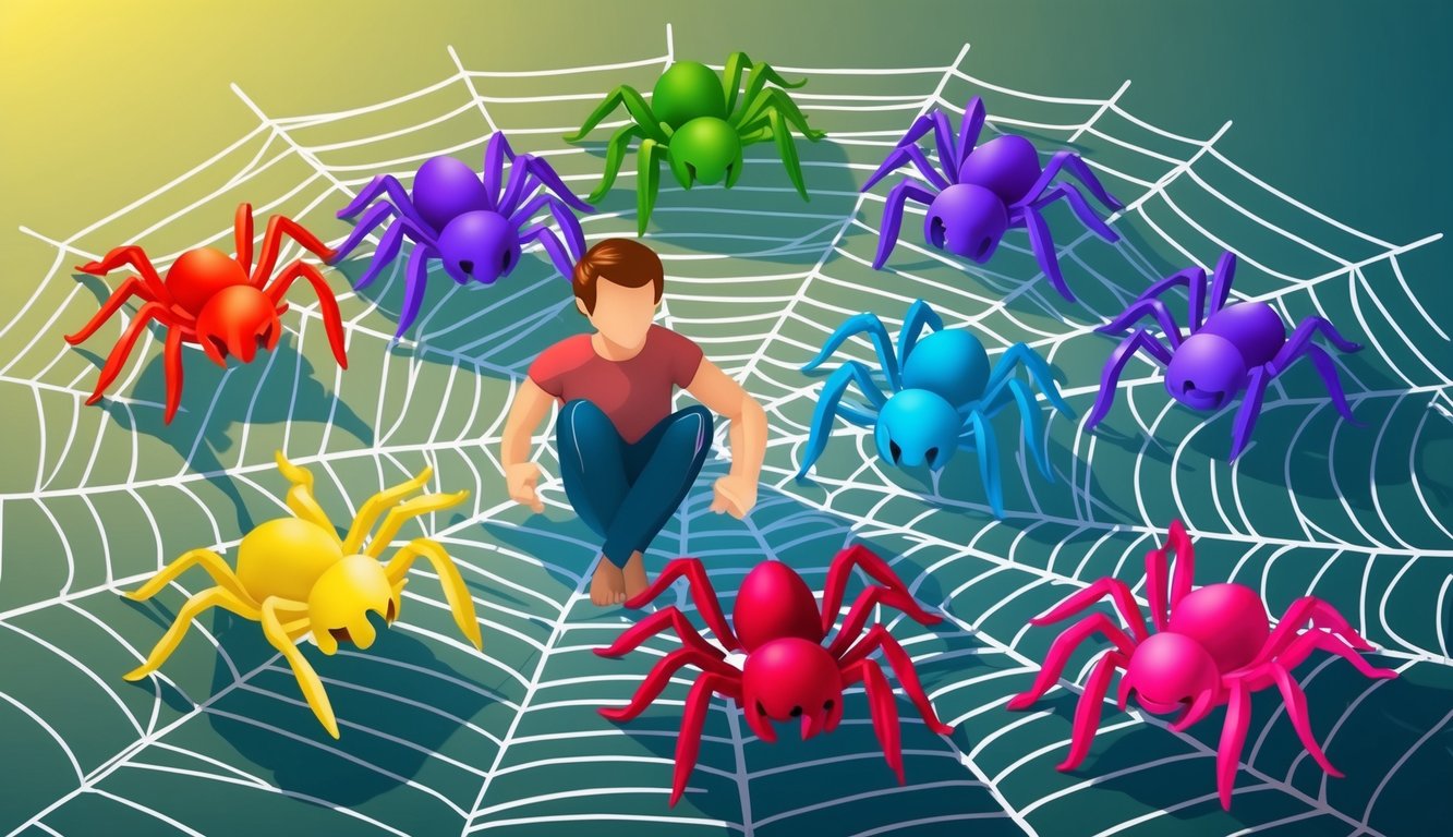 Eleven colorful spiders weaving a web of support, surrounding and empowering a person to conquer their fears