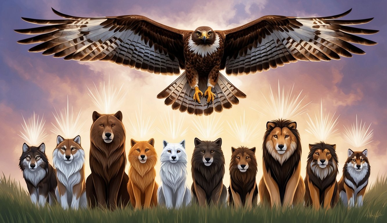 A majestic hawk soaring above a group of 11 spirit animals, each radiating strength and courage