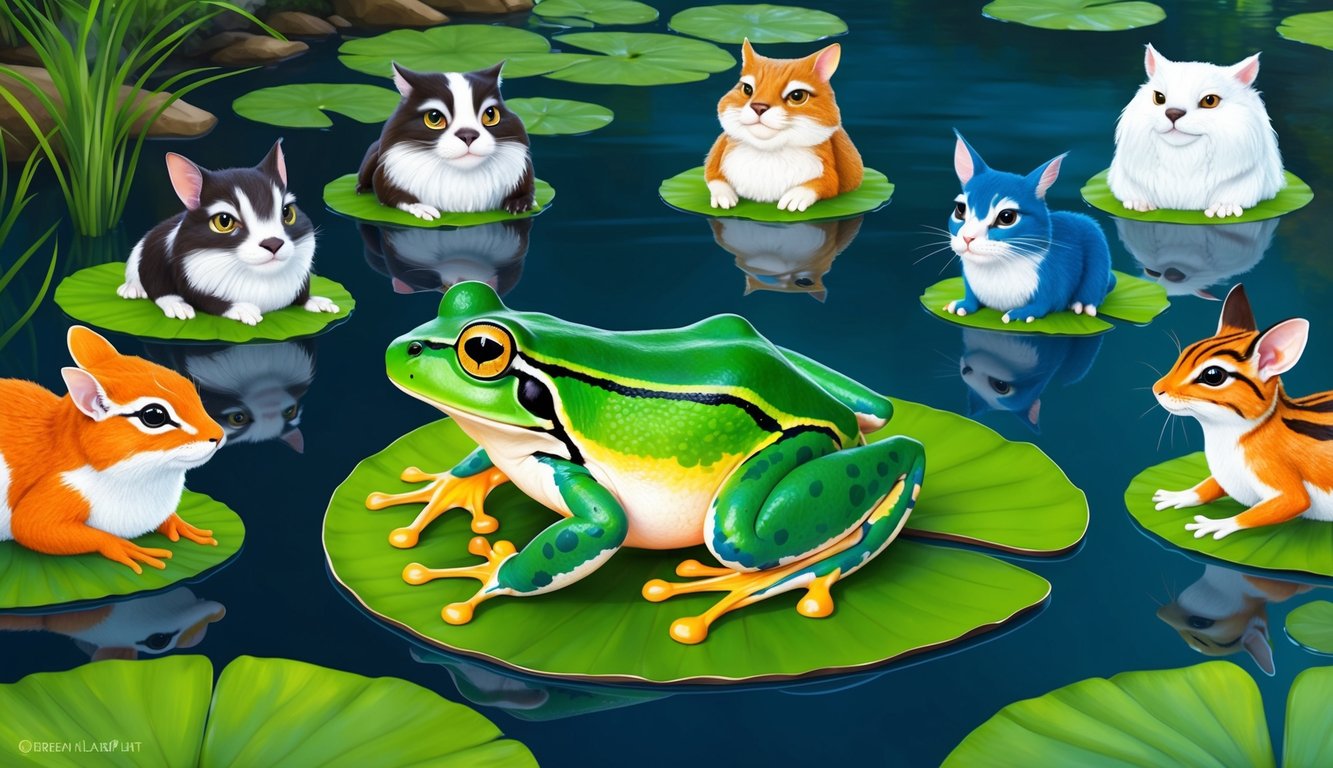 A serene pond with a vibrant green frog perched on a lily pad, surrounded by 10 other spirit animals in harmony