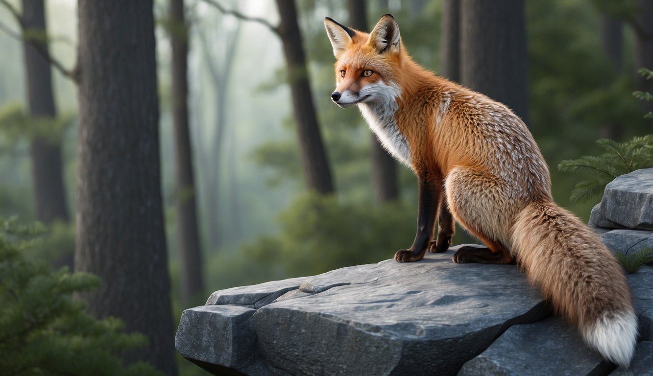 A fox perched on a rocky outcrop, gazing out over a serene forest with a wise and cunning expression