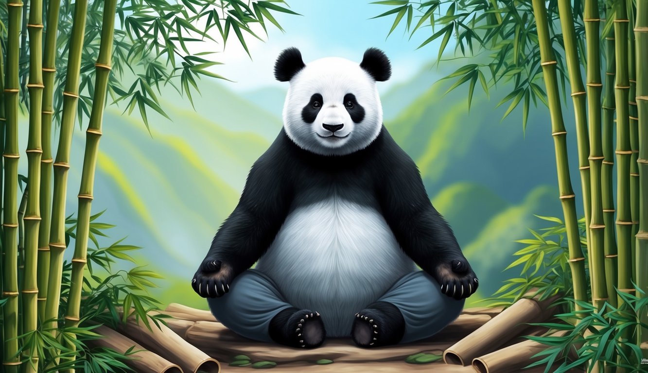 A serene panda meditates in a bamboo forest, surrounded by tranquil nature and a sense of harmony