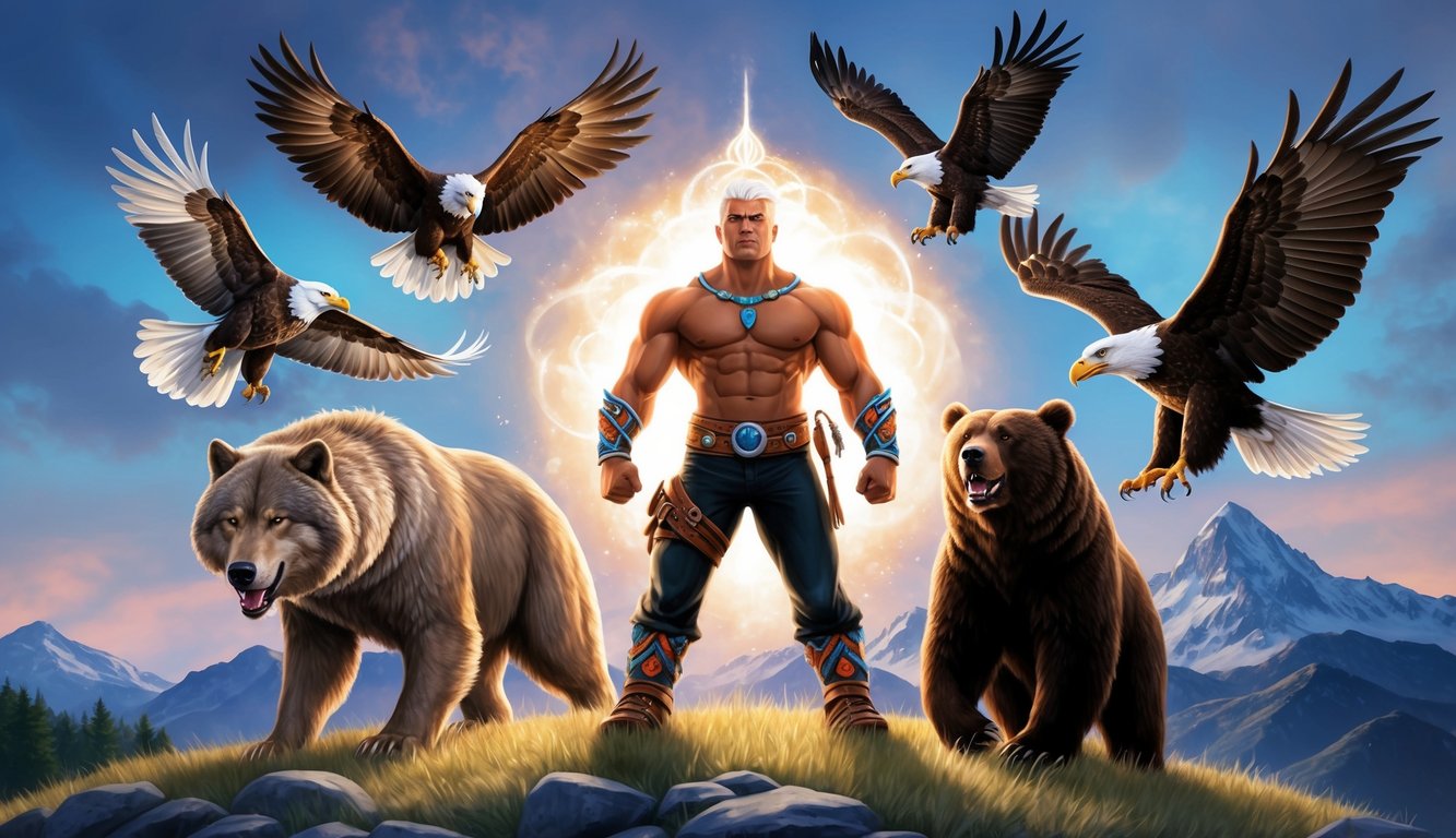 A wolf, bear, eagle, and other spirit animals surround a figure, exuding strength and courage to overcome fear