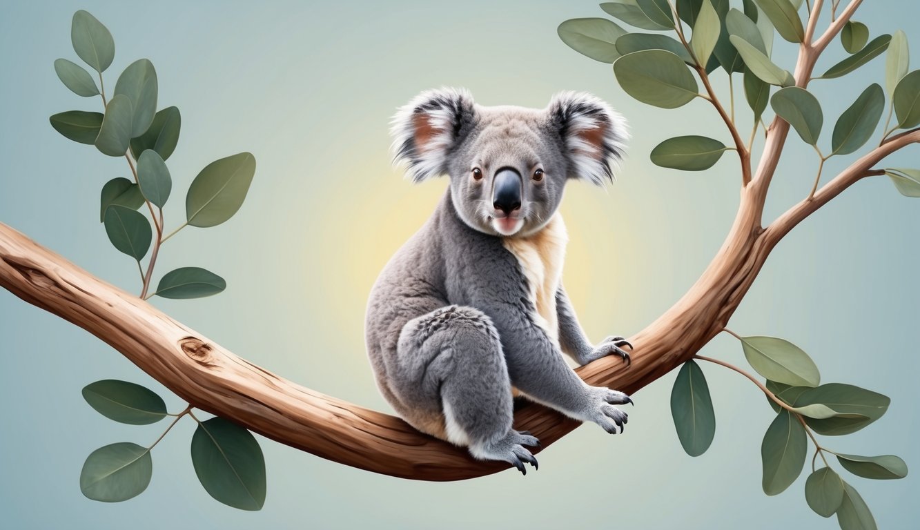 A koala perched on a eucalyptus branch, surrounded by peaceful, balanced nature