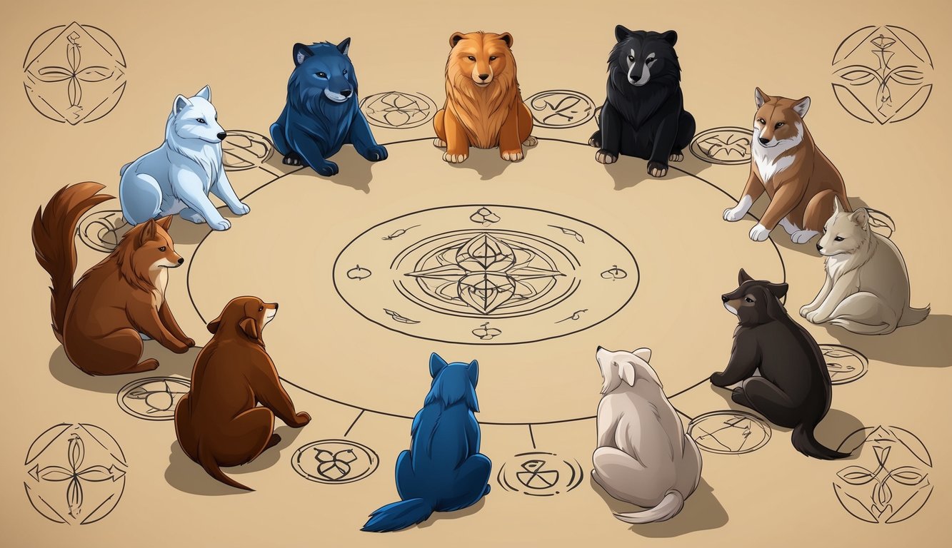 Eleven spirit animals, each representing balance, gather in a circle, surrounded by symbols of harmony and equilibrium