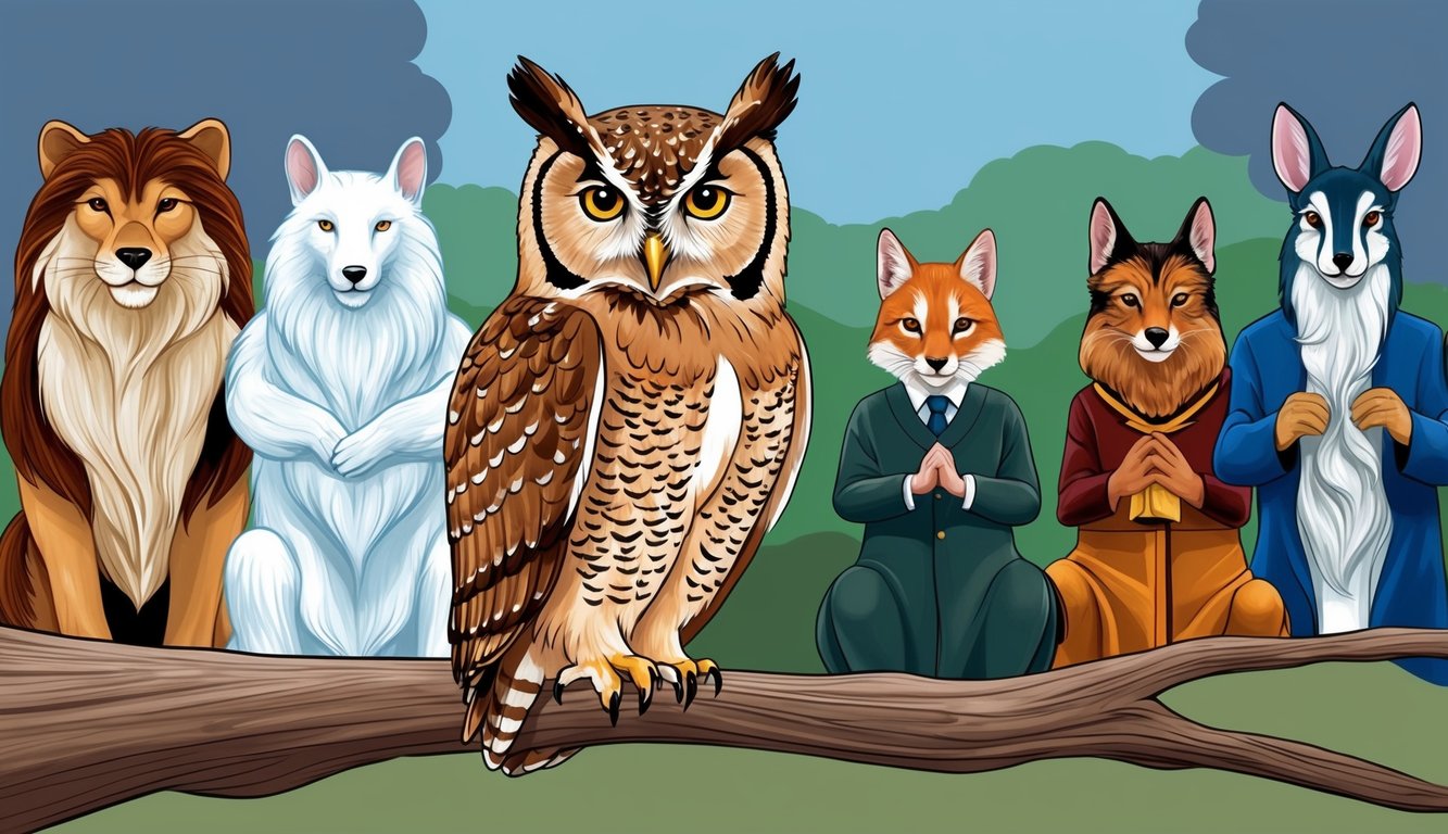 An owl perched on a branch, surrounded by seven other animals representing justice and fairness