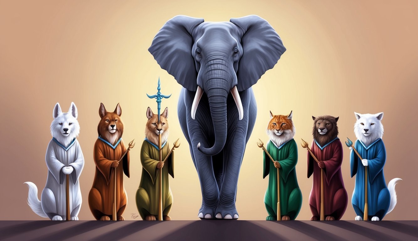 An elephant stands tall, exuding gentle strength, surrounded by 8 spirit animals representing justice and fairness