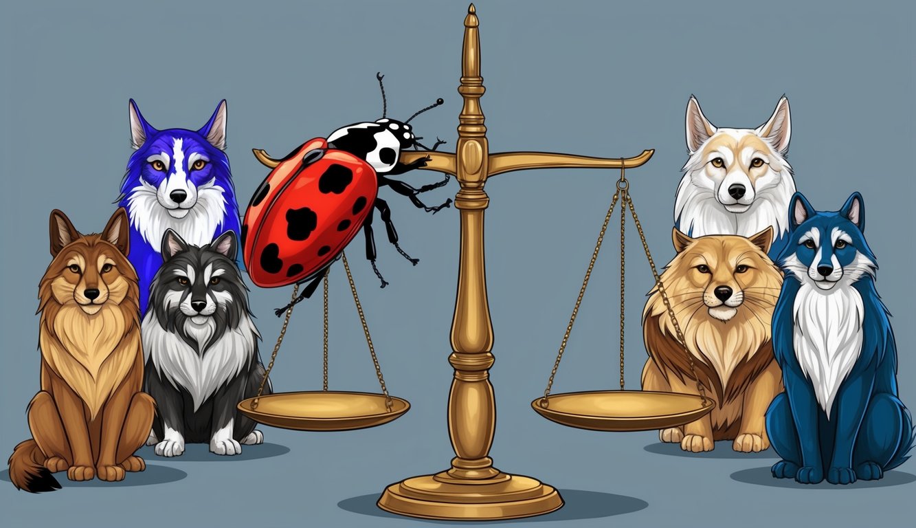 A ladybug perched on a scale, surrounded by seven other spirit animals representing fairness and justice