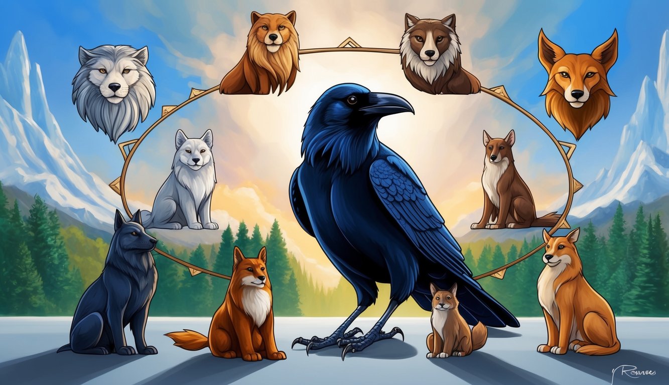 A raven surrounded by 8 spirit animals, each representing justice and fairness, in a balanced and transformative scene