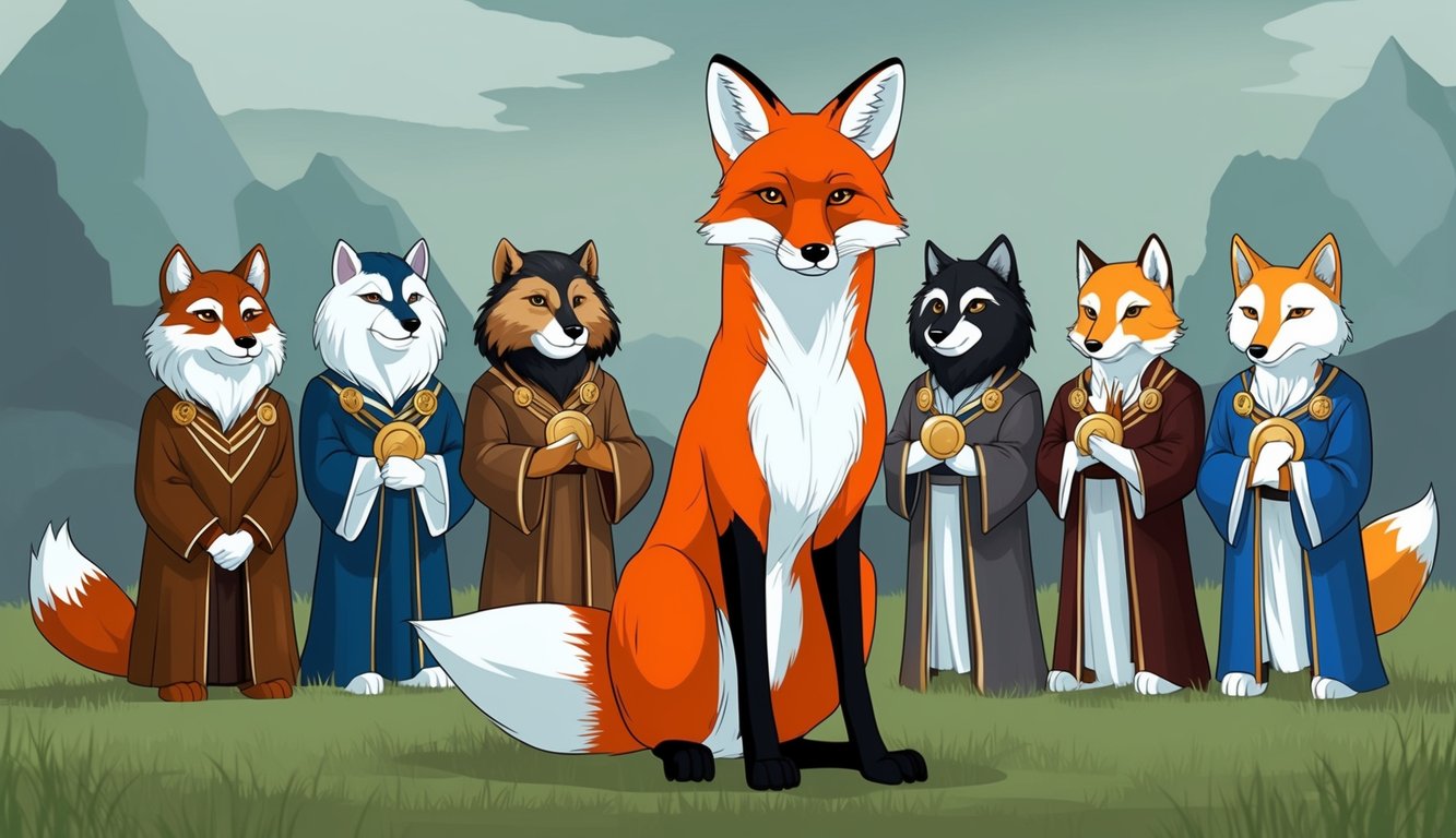 A fox stands tall and confident, surrounded by seven other spirit animals, each representing justice and fairness