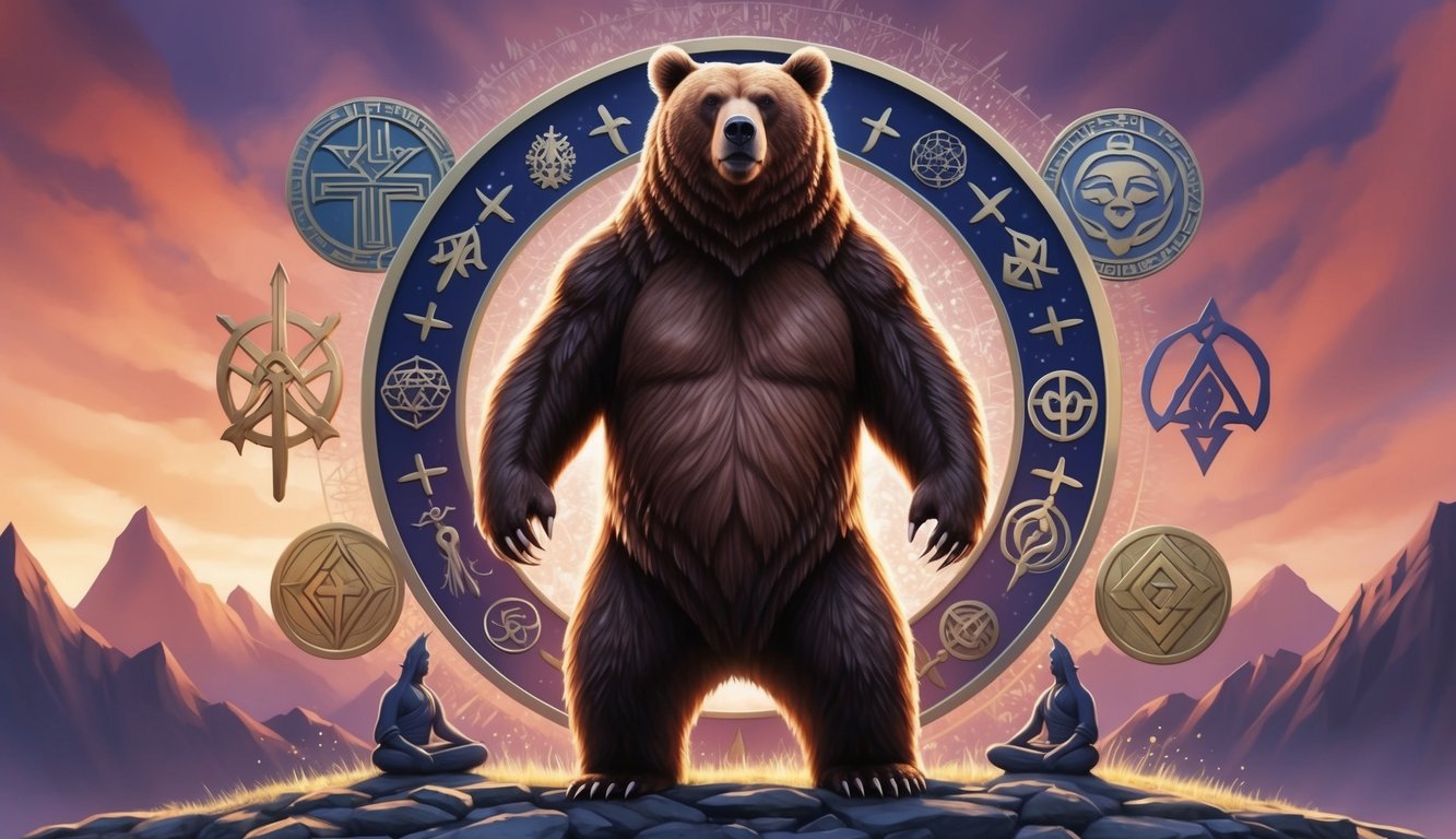 A bear standing tall, exuding strength and confidence, surrounded by symbols of power and spirituality