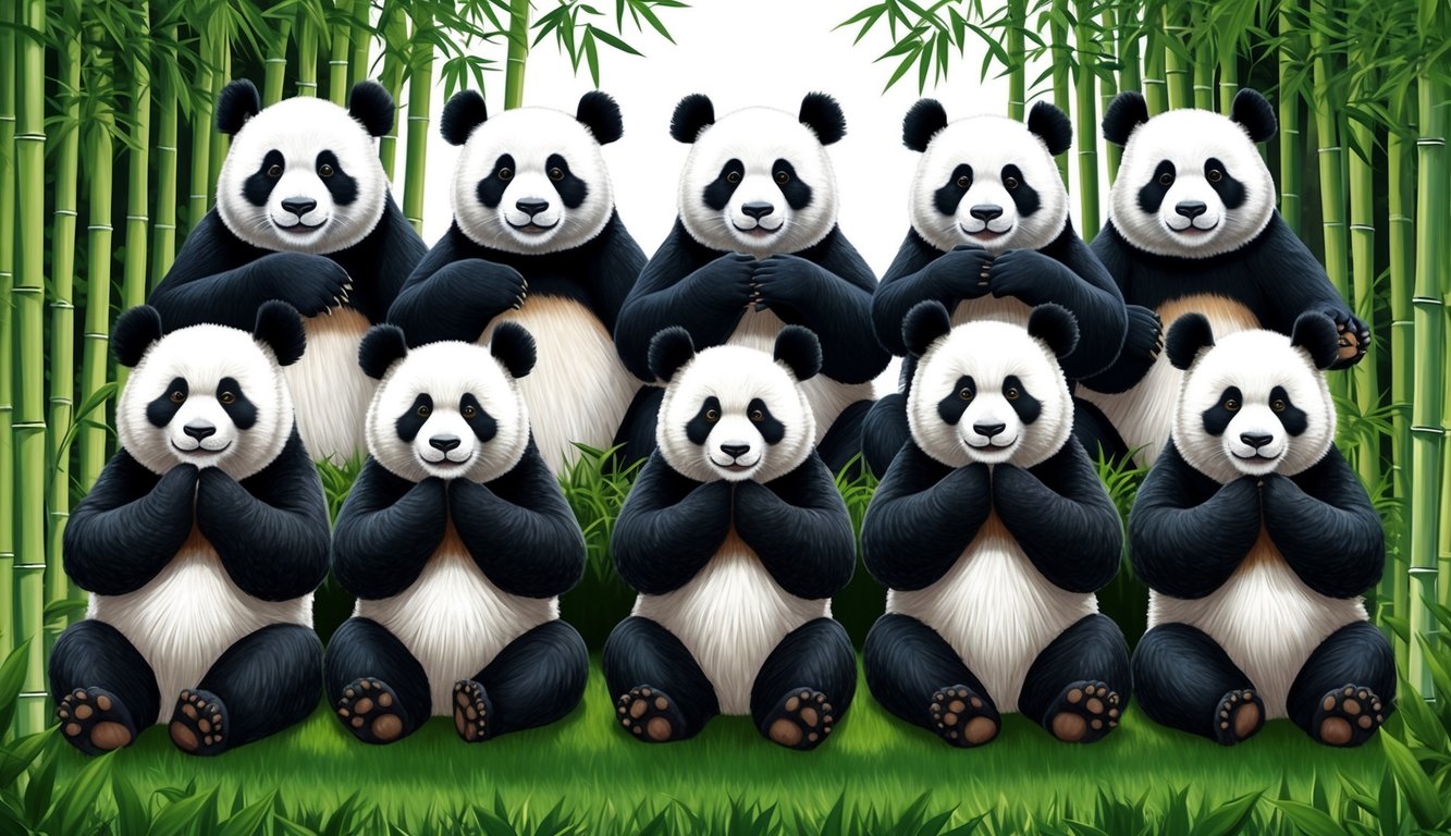 Eight pandas peacefully meditating in a bamboo forest, exuding calmness and patience