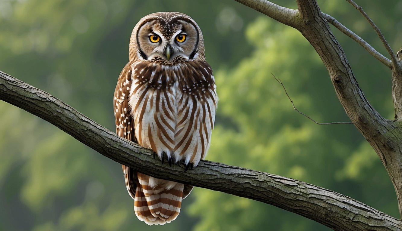 An owl perched on a tree branch, calmly observing the world below