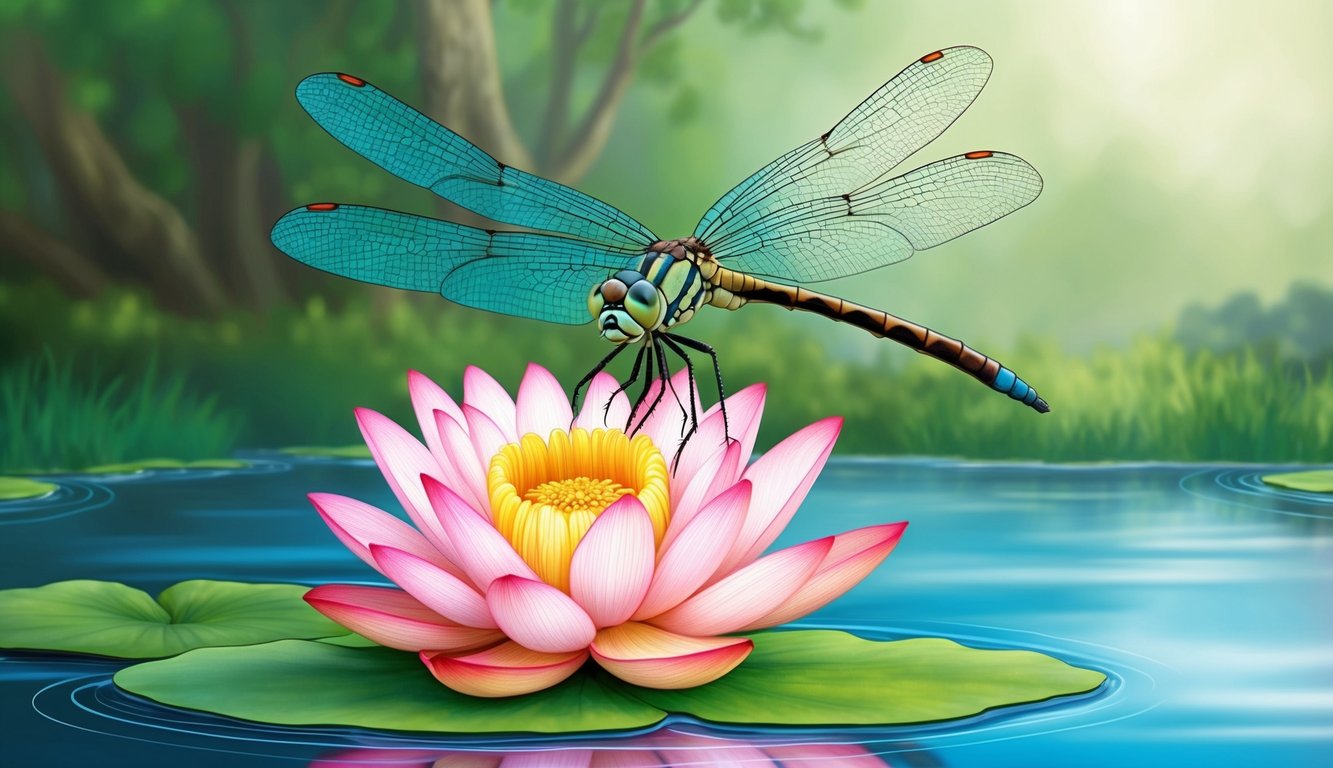 A dragonfly hovering over a blooming lotus, symbolizing transformation and adaptability in a tranquil pond