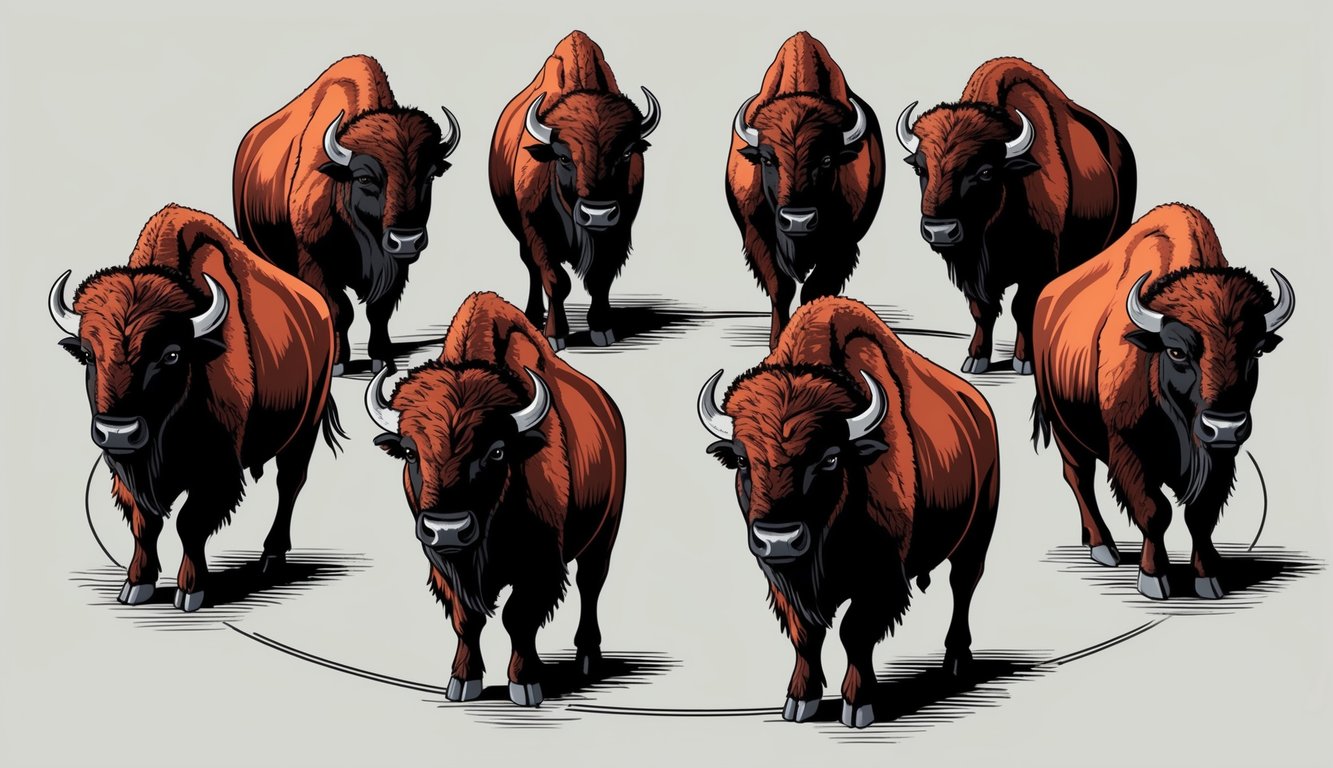 Seven bison standing in a circle, each with a strong and confident posture, exuding a sense of power and leadership