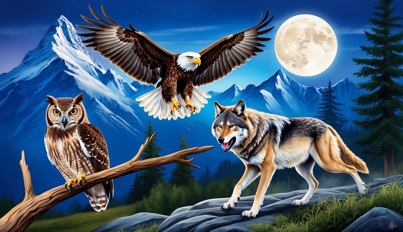 A majestic eagle soaring above a mountain peak, a wise owl perched on a tree branch, and a fierce wolf leading its pack through a moonlit forest