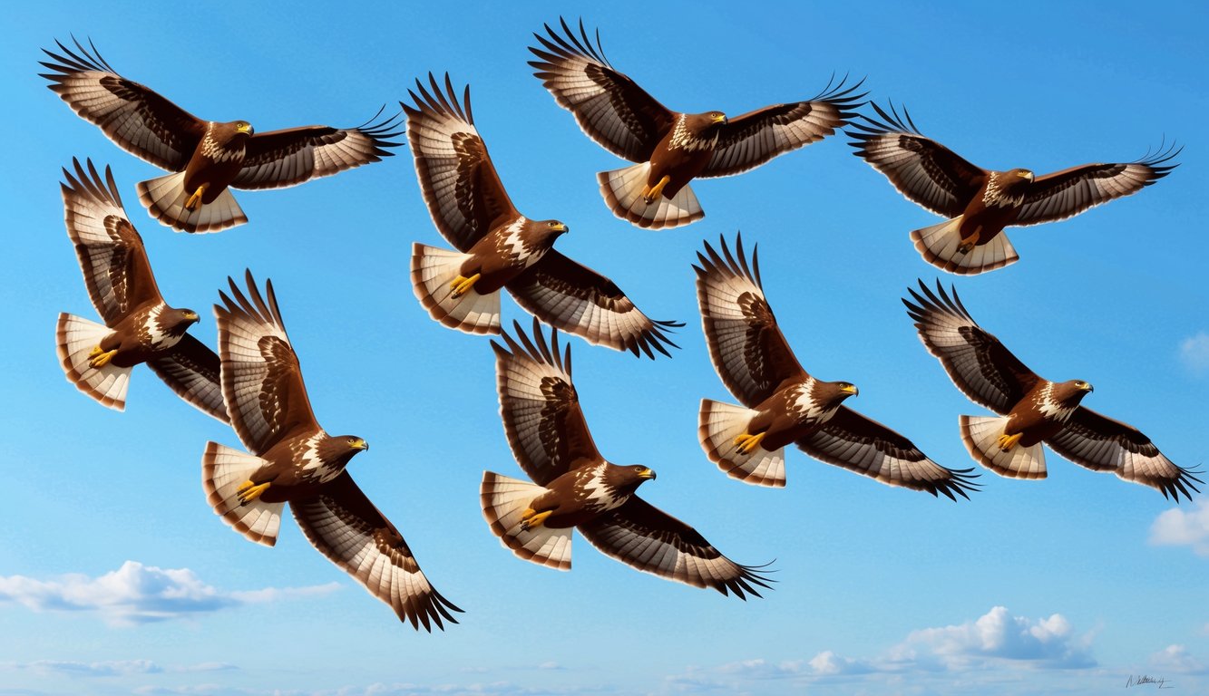 Seven majestic hawks soaring in a V formation across a clear blue sky