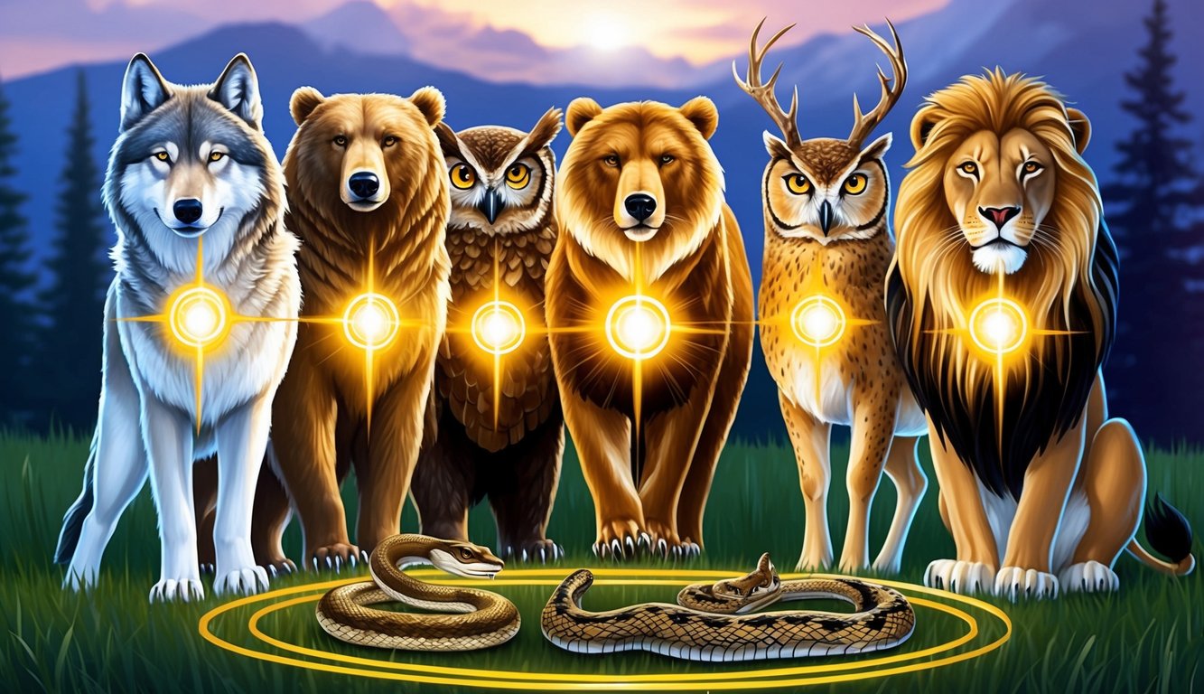 A wolf, eagle, bear, owl, deer, snake, and lion stand in a circle, each emanating a powerful aura.</p><p>Their eyes glow with wisdom and guidance