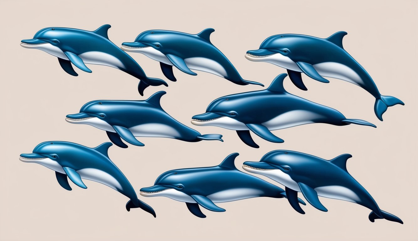 Seven dolphins swimming in a synchronized formation, each exuding an aura of strength and wisdom