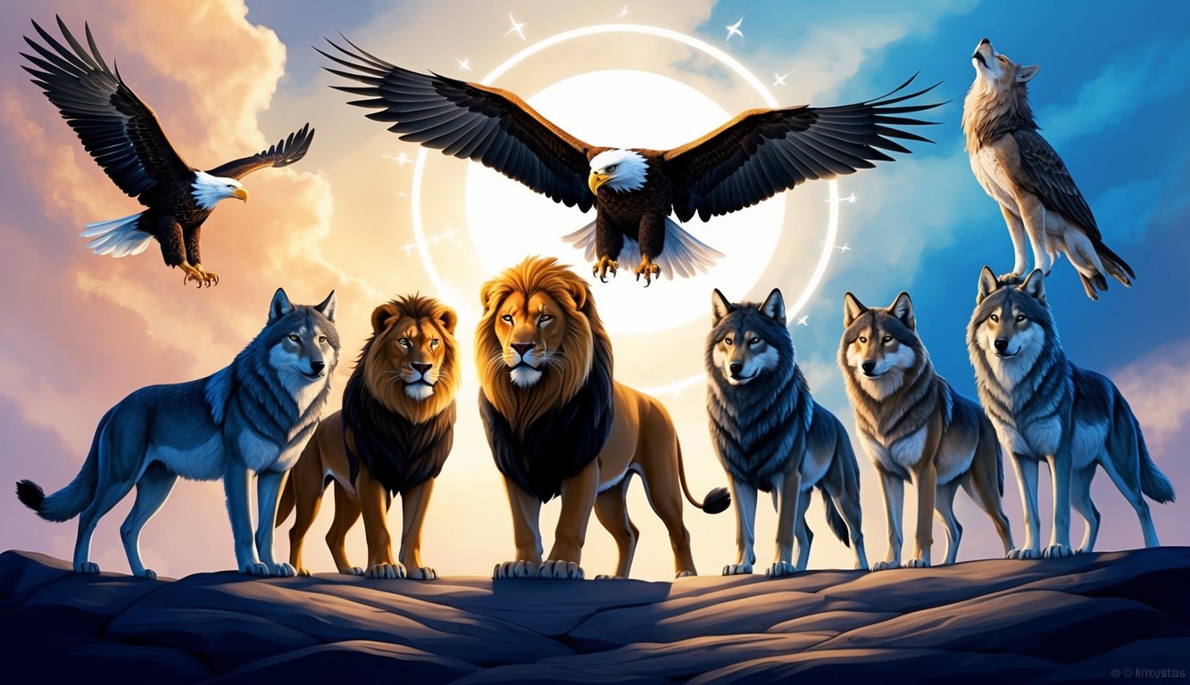 Seven powerful spirit animals stand in a circle, each representing a different aspect of leadership.</p><p>The eagle soars above, while the lion exudes strength and the wolf embodies loyalty