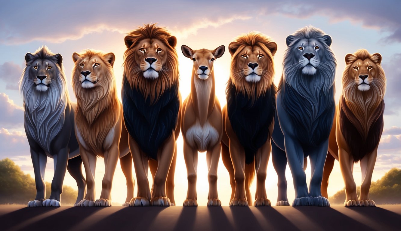 Seven majestic animals standing together, each exuding strength and wisdom, symbolizing leadership and personal growth