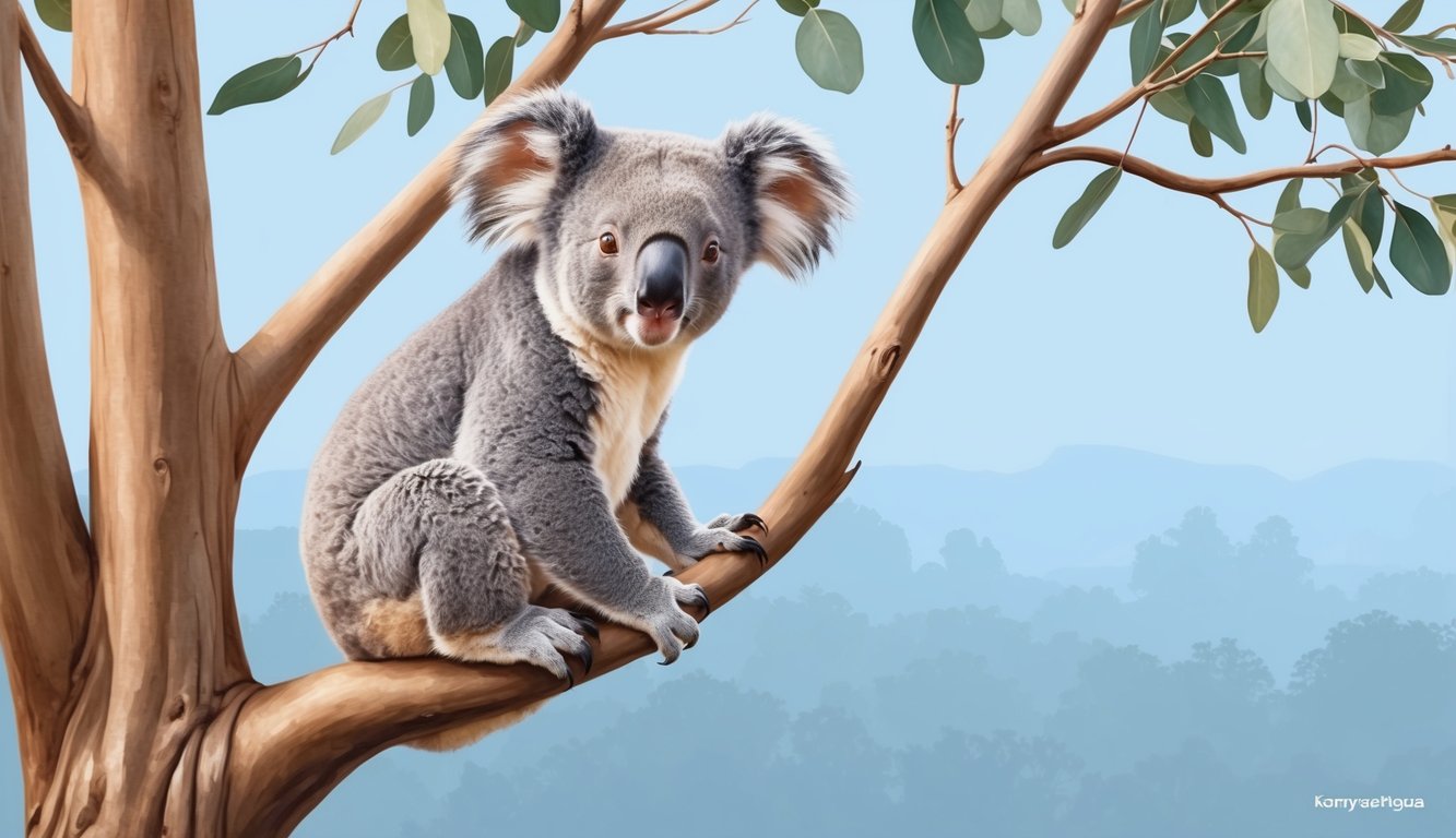 A koala perched in a eucalyptus tree, gazing calmly at the world below