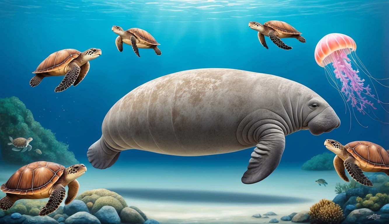 A serene manatee glides through calm waters, surrounded by a group of graceful sea turtles and a tranquil jellyfish