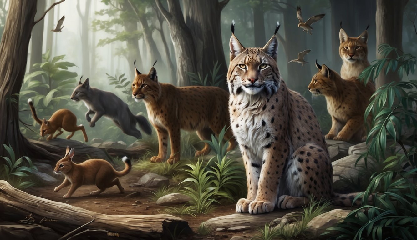 A lynx calmly waits amidst a chaotic forest, embodying patience as other animals scurry about