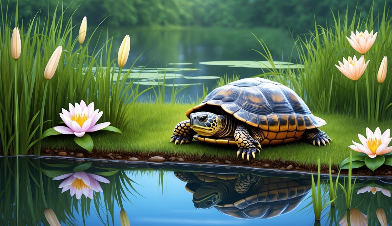 A wise turtle calmly waits at the edge of a tranquil pond, surrounded by tall grass and blooming lilies