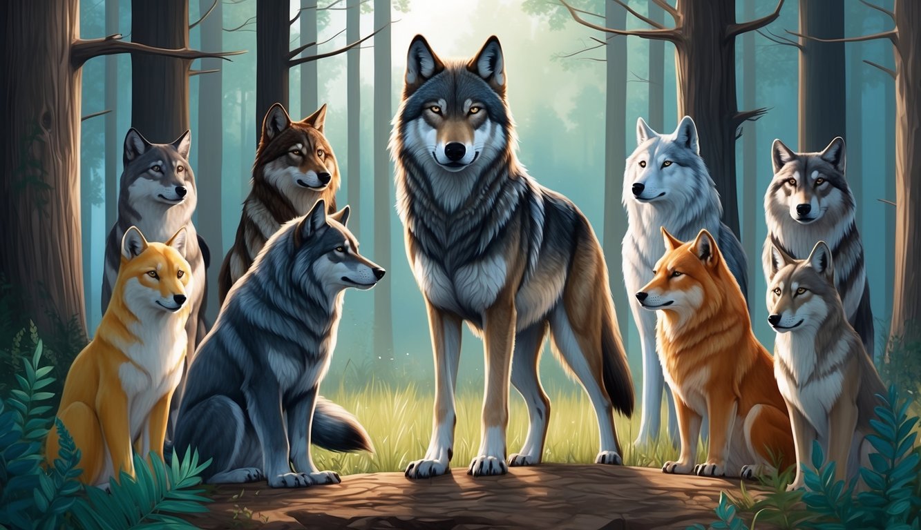 A wolf stands tall and proud in a forest clearing, surrounded by eight spirit animals, each representing justice and balance