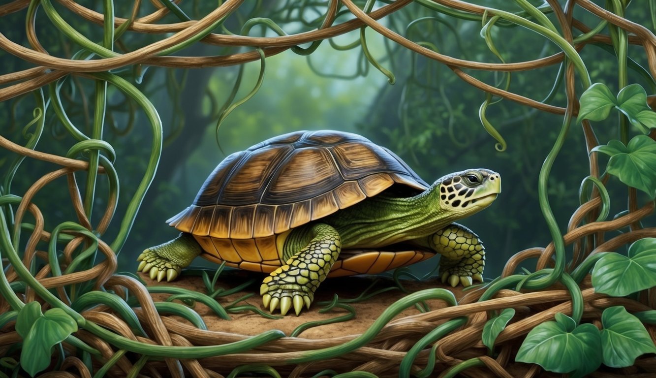 A turtle calmly navigating through a maze of tangled vines, showing unwavering patience in the face of obstacles