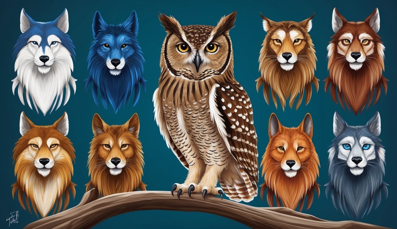 An owl perched on a branch, surrounded by eight spirit animals representing justice