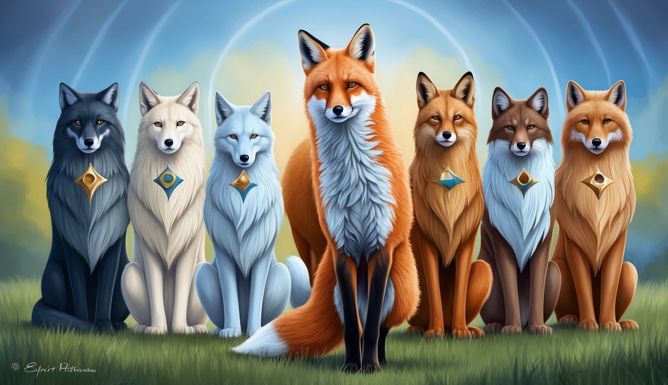 A fox stands amidst eight spirit animals, each representing justice, in a peaceful and balanced setting