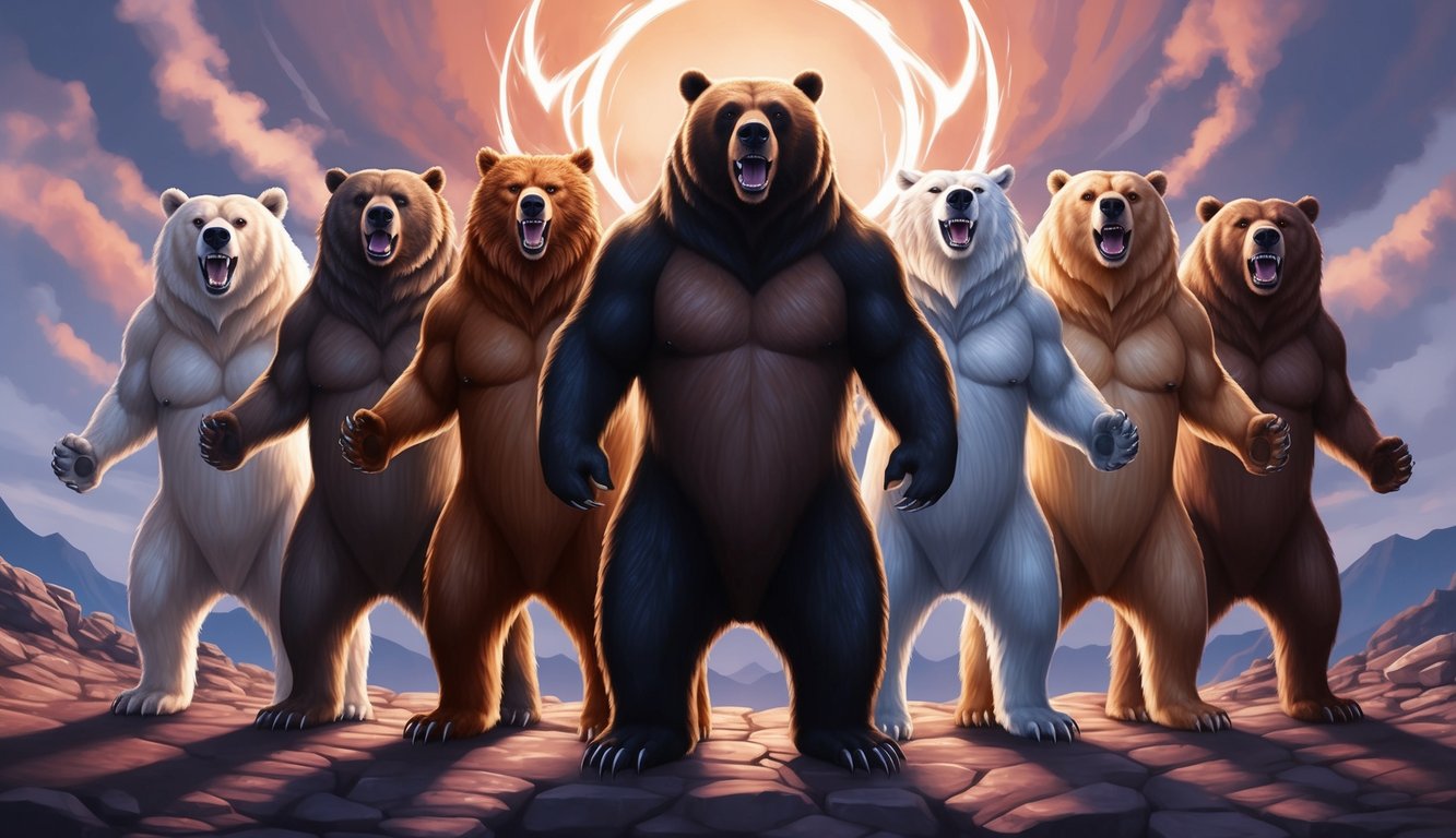 Eight fierce spirit animals, including a bear, stand together in a circle, emanating power and courage