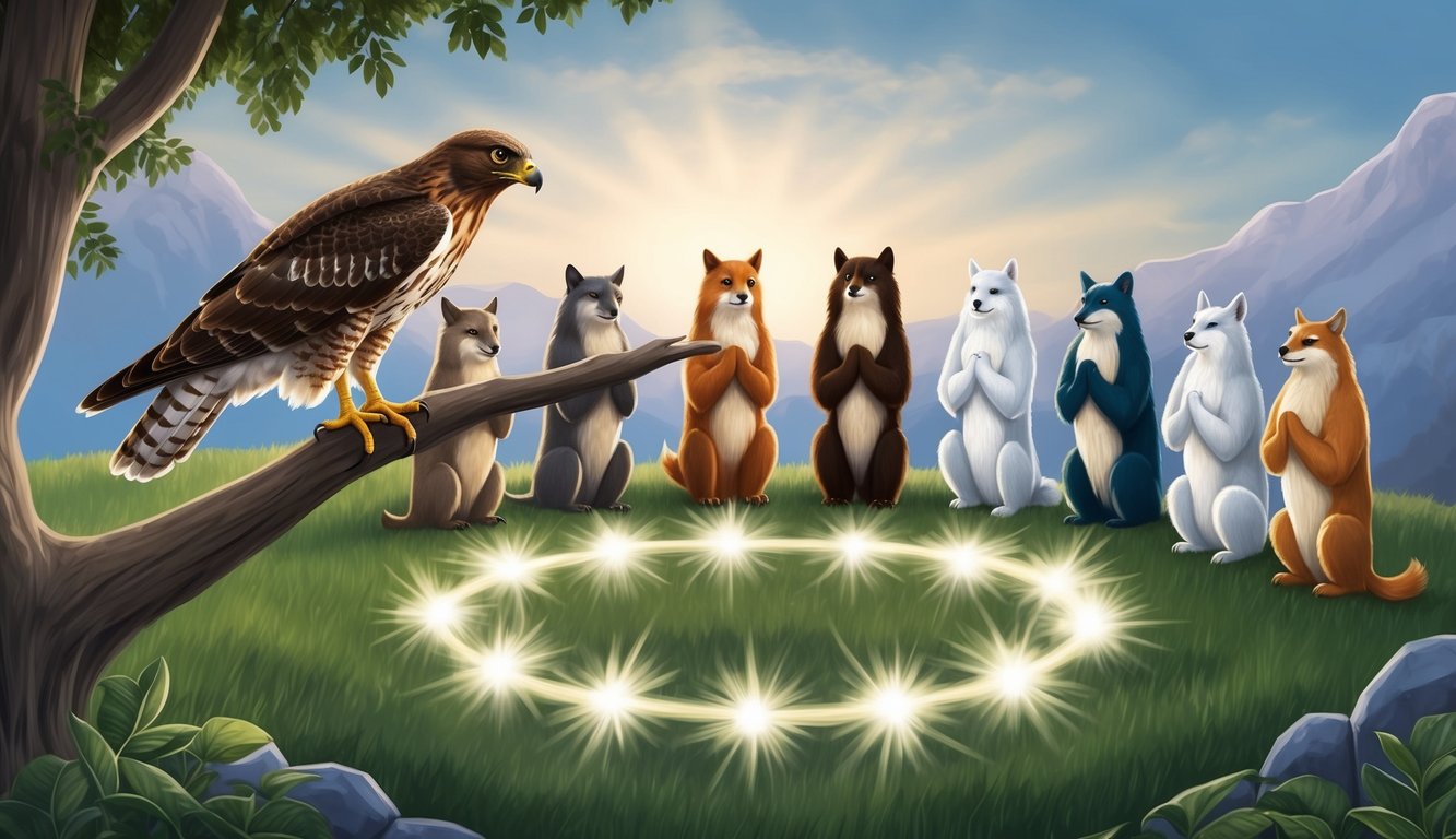 A hawk perched on a high branch, surveying a group of eight spirit animals standing in a circle, all radiating a sense of justice and vigilance