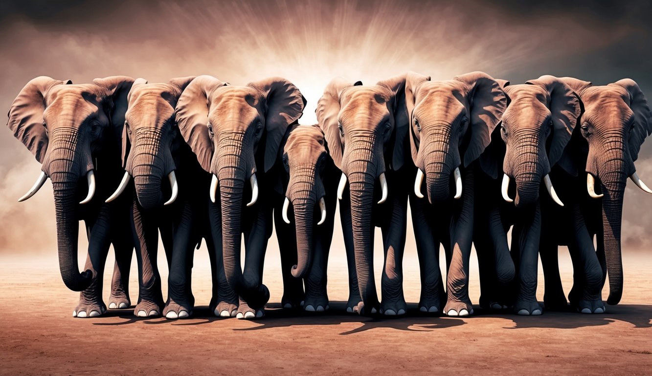 Eight majestic elephants standing side by side, each radiating strength and courage in their powerful presence