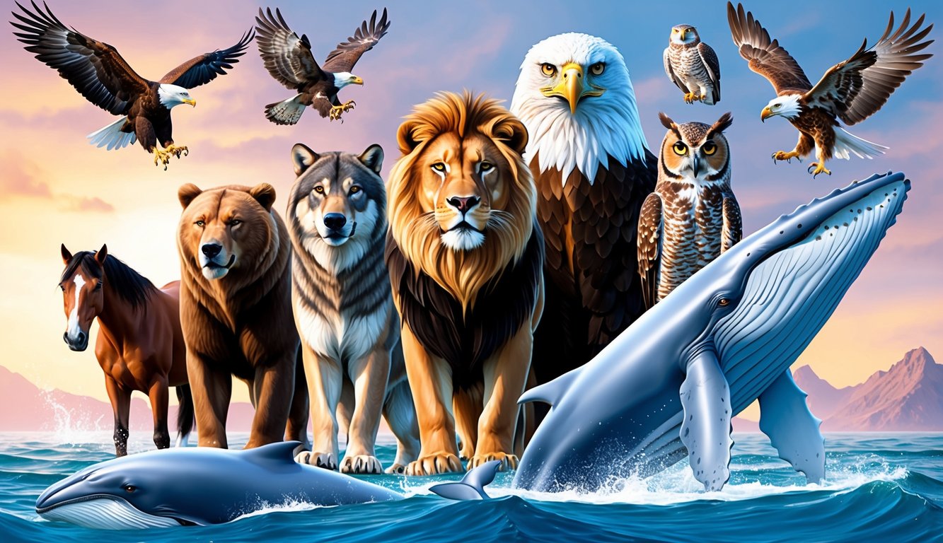 A lion, eagle, wolf, bear, owl, hawk, horse, and whale stand together, embodying strength and wisdom