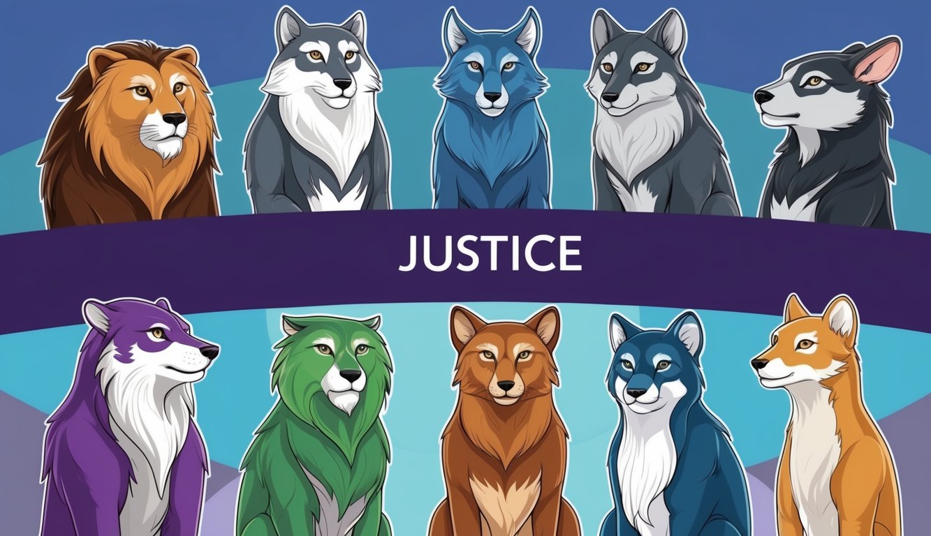 Eight spirit animals stand in a circle, each representing a different aspect of justice.</p><p>The animals exude a sense of wisdom and fairness, conveying the spiritual virtue of justice