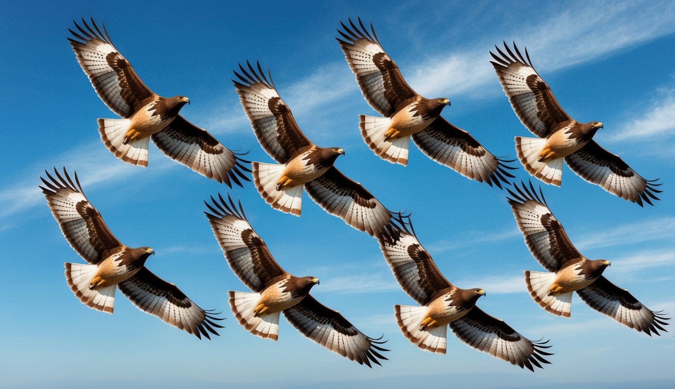 Eight majestic hawks soaring in a clear blue sky, their powerful wings spread wide as they exude strength and fearlessness