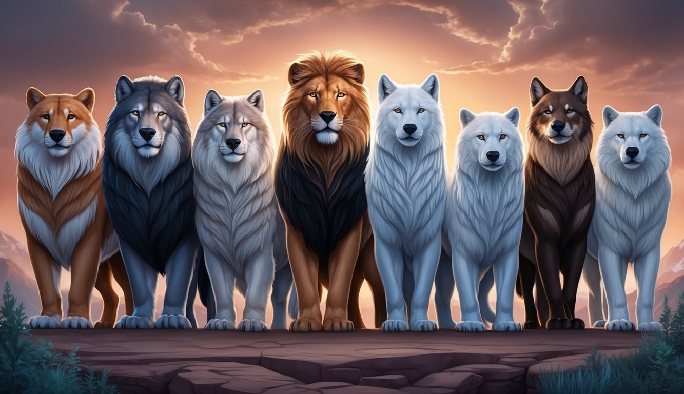 Eight majestic spirit animals standing together, each representing a different symbol of courage